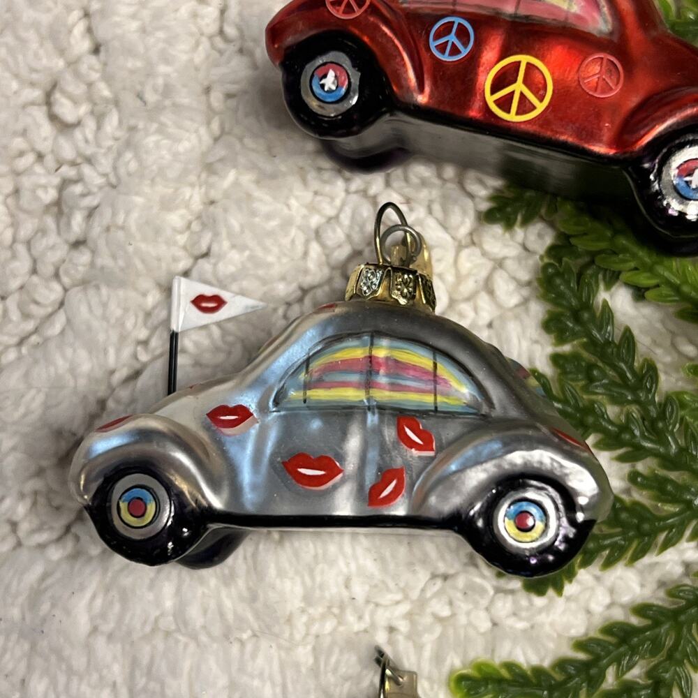 Dept 56 Set of 3 Glass Bug Beetle Car Ornaments Peace Lips Kiss Department - Picture 3 of 13